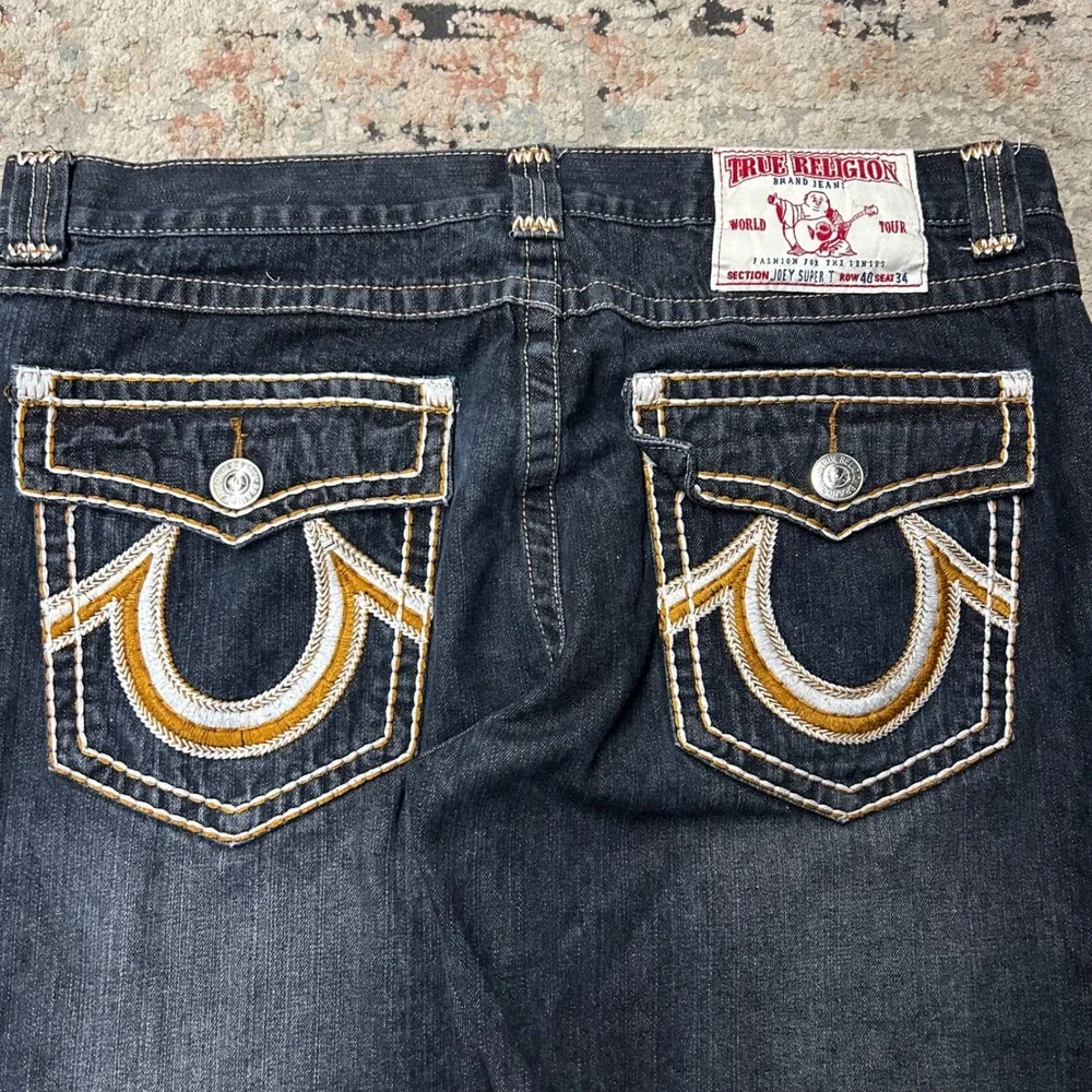 True Religion Joey Super T Jeans Men 40x30 Dark Blue Wide Leg Baggy White Stitch